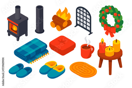 Winter Comfort Icons. Isometric vector illustration set Winter Comfort: modern fireplace, chimney flue, burning wood, spark guard,
