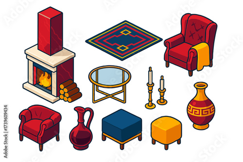 Luxurious Fireplace Scene. Isometric vector illustration set Luxury Fireplace: marble hearth, tall chimney, stacked firewood,