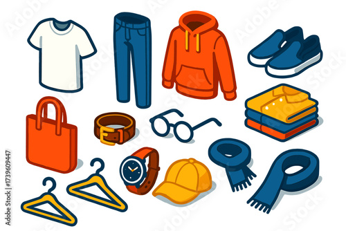 Minimal Wardrobe Icons. Isometric vector illustration set Minimal Wardrobe: plain white tee, slim jeans, pullover hoodie, slip-on