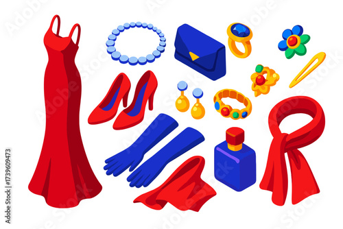 Elegant Outfit Essentials. Isometric vector illustration set Elegant Outfit: evening dress, high heels, clutch purse, diamond