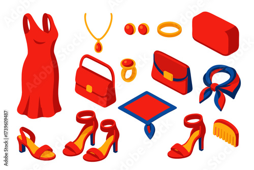 Date Night Essentials. Isometric vector illustration set Date Night Style: red dress, open-toe heels, small purse, pendant