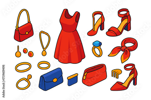 Date Night Essentials. Isometric vector illustration set Date Night Style: red dress, open-toe heels, small purse, pendant