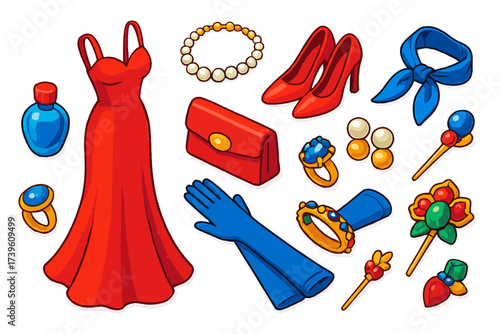 Elegant Outfit Essentials. Isometric vector illustration set Elegant Outfit: evening dress, high heels, clutch purse, diamond