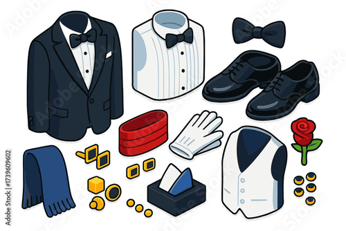Black Tie Essentials. Isometric vector illustration set Black Tie Event: tuxedo jacket, satin bow tie, pleated shirt, patent