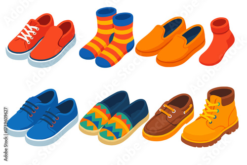 Bold Casual Footwear. Isometric vector illustration set Casual Shoes: canvas sneakers, striped socks, flat laces, slip-on loafers,