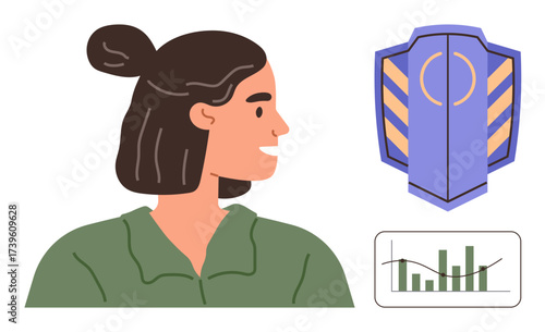 Confident woman in profile view, security shield symbolizing protection, bar and line chart representing data analysis trends. Ideal for teamwork, leadership, strategy, technology, analytics, career