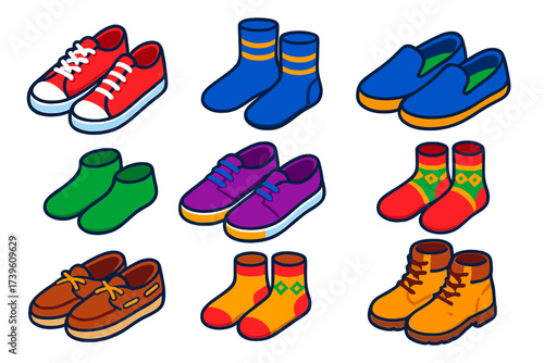 Bold Casual Footwear. Isometric vector illustration set Casual Shoes: canvas sneakers, striped socks, flat laces, slip-on loafers,