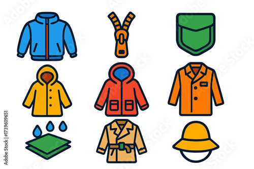 Bold Outerwear Essentials. Isometric vector illustration set Outerwear Basics: windbreaker jacket, metal zipper, side pocket,