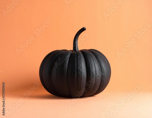 Striking black pumpkin with a sleek stem rests on a warm orange backdrop, creating a minimal and elegant visual for the autumn season.