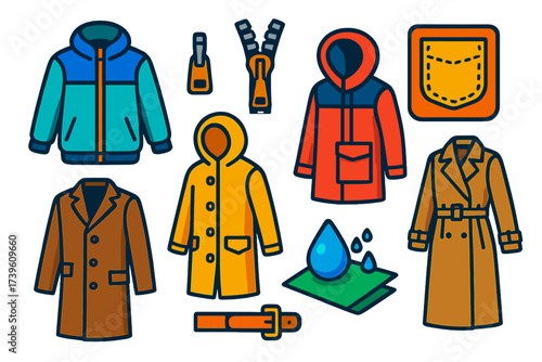 Bold Outerwear Essentials. Isometric vector illustration set Outerwear Basics: windbreaker jacket, metal zipper, side pocket,