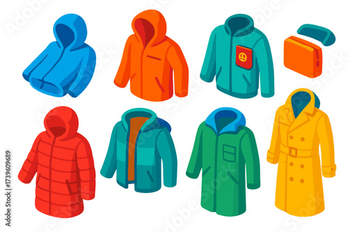 Vibrant Travel Jacket Collection. Isometric vector illustration set Travel Jackets: foldable raincoat, side zipper, passport
