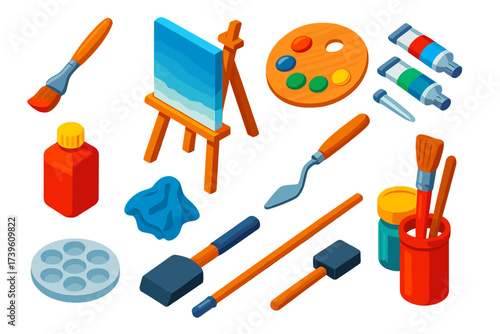 Oil Painting Kit. Isometric vector illustration set Oil Painting Kit: bristle brush, square canvas, wood palette, tube paints,