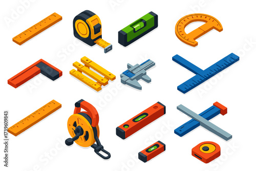 Colorful Measuring Tools. Isometric vector illustration set Measuring Tools: wooden ruler, steel measuring tape, bubble level,