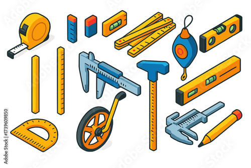 Colorful DIY Measuring Tools. Isometric vector illustration set DIY Measuring Tools: retractable tape, mini ruler, pocket level,