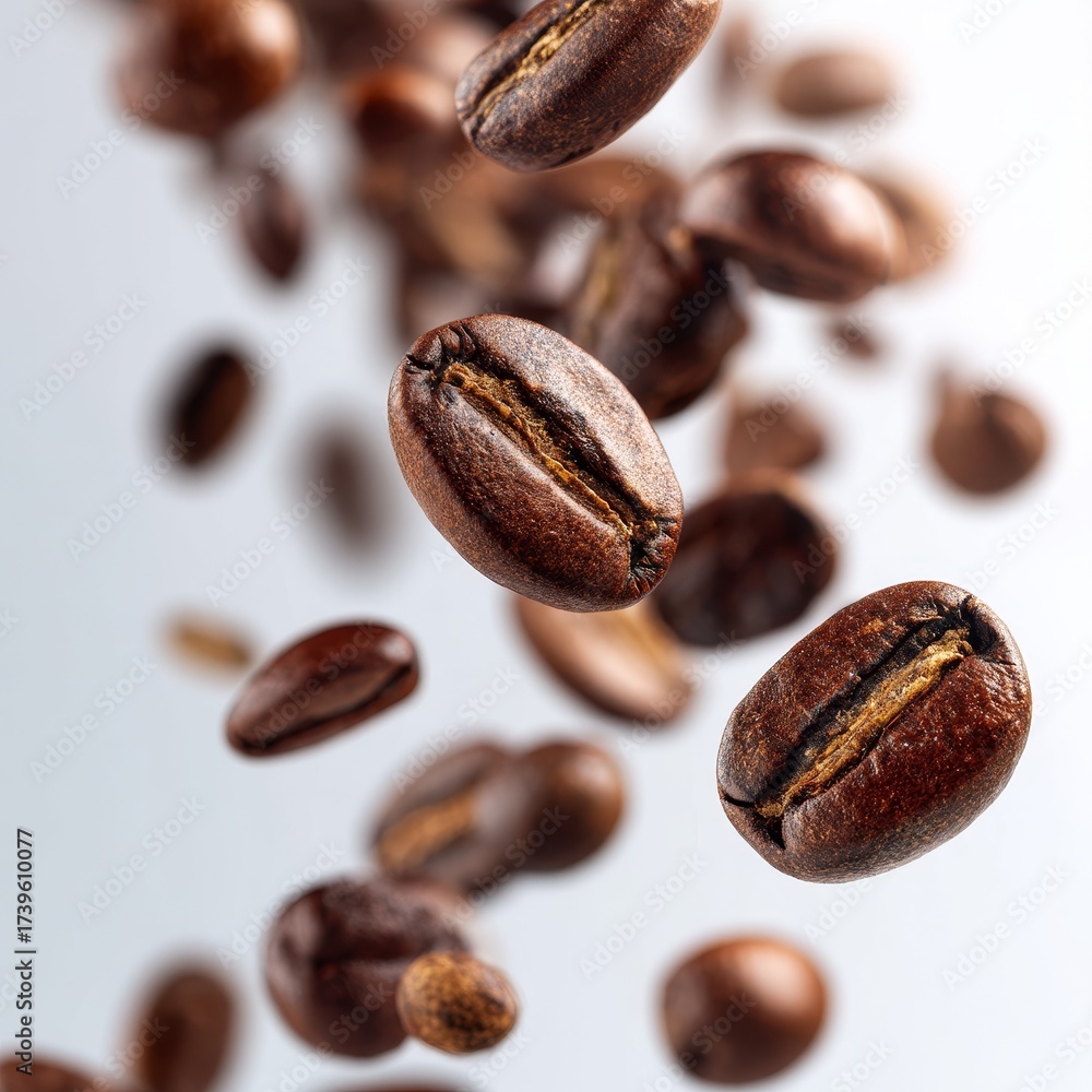 Fototapeta premium Roasted coffee beans falling in motion on white background, closeup of aromatic caffeine seeds