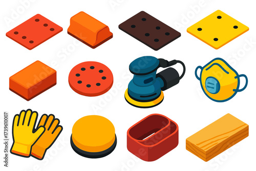 Vibrant Sanding Tool Icons. Isometric vector illustration set Sanding Tools: sandpaper sheet, sanding block, rough grit paper,