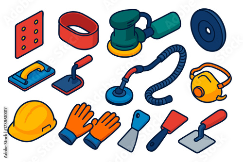 Construction Tools Icons. Isometric vector illustration set Construction Sanding: industrial sandpaper, sanding belt, orbital