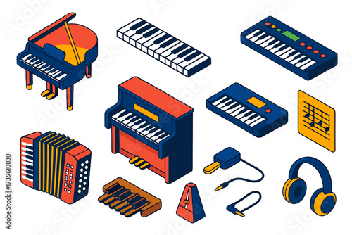 Vibrant Keyboard Instruments. Isometric vector illustration set Keyboard Instruments: grand piano, piano keys, synthesizer, organ,