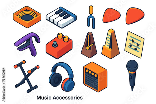 Music Accessories Icons. Isometric vector illustration set Music Accessories: guitar strings, piano keys, tuning fork, guitar pick