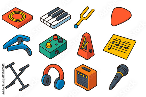 Music Accessories Icons. Isometric vector illustration set Music Accessories: guitar strings, piano keys, tuning fork, guitar pick