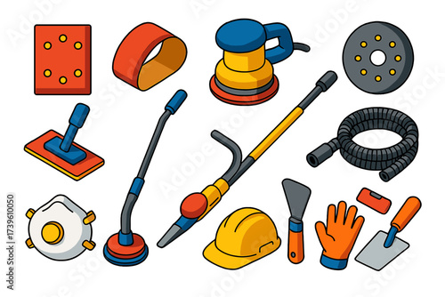 Construction Tools Icons. Isometric vector illustration set Construction Sanding: industrial sandpaper, sanding belt, orbital