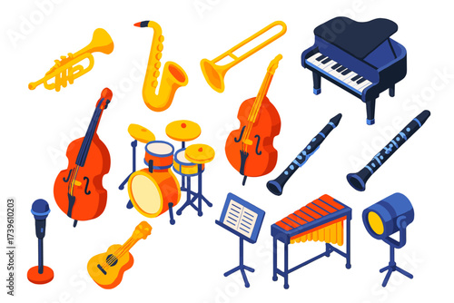 Colorful Jazz Icons. Isometric vector illustration set Big Band: trumpet, saxophone, trombone, piano, upright bass, guitar, drum