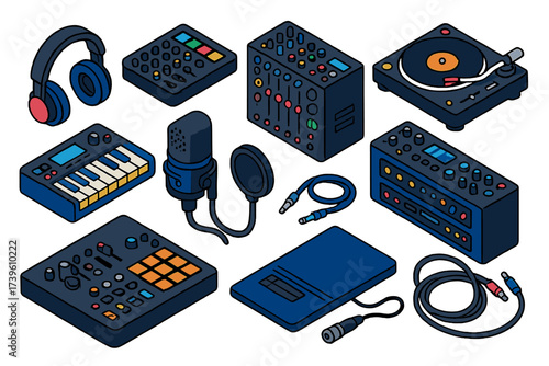 Electronic Music Studio Icons. Isometric vector illustration set Electronic Music Studio: headphones, MIDI controller, audio mixer