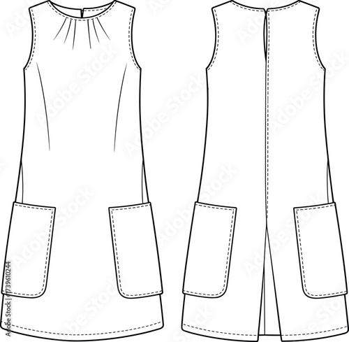 Sleeveless shift dress flat sketch, front and back view, pleated neckline, patch pockets, center back slit, fashion CAD, vector illustration, garment design
