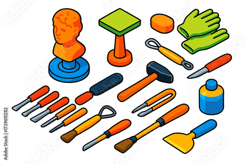 Sculpting Tools Icons. Isometric vector illustration set Carving Essentials: clay bust, chisel set, rasp file, hammer, loop tool,