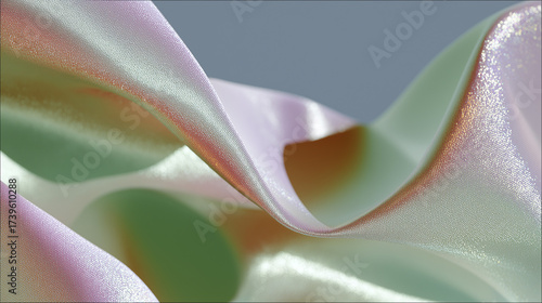 Abstract shimmering fabric with iridescent sheen, draped in soft folds.