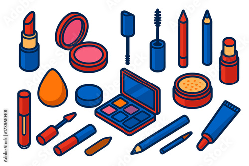 Vibrant Makeup Icons. Isometric vector illustration set Makeup Essentials: lipstick tube, powder blush compact, eyeshadow palette,