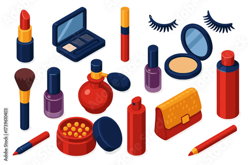 Evening Makeup Essentials. Isometric vector illustration set Evening Makeup: red lipstick, smoky eyeshadow palette, glitter