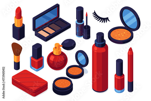 Evening Makeup Essentials. Isometric vector illustration set Evening Makeup: red lipstick, smoky eyeshadow palette, glitter
