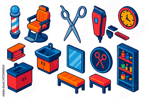 Barber Shop Icons. Isometric vector illustration set Barber Shop Interior: striped pole, barber chair, scissors, mirror wall,