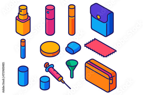 Travel Perfume Kit Icons. Isometric vector illustration set Travel Perfume Kit: mini spray, pocket atomizer, small rollerball,