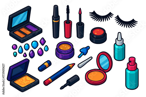 Glam Eye Makeup Icons. Isometric vector illustration set Glam Eye Makeup: metallic shadow palette, bold mascara, glitter eyeliner,