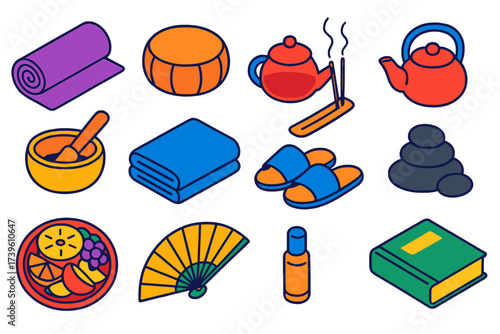 Wellness Retreat Essentials. Isometric vector illustration set Wellness Retreat: yoga mat, meditation cushion, herbal tea pot,