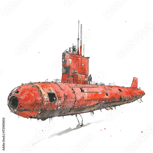 watercolor of Submarine, vector, isolated on a white background.