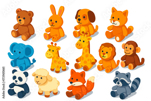 Vibrant Plush Toys Collection. Isometric vector illustration set Plush Toys Collection: teddy bear, stuffed bunny, soft puppy,