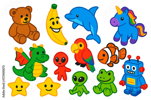 Carnival Plush Icons. Isometric vector illustration set Carnival Plush Prizes: teddy bear, giant banana plush, dolphin toy,