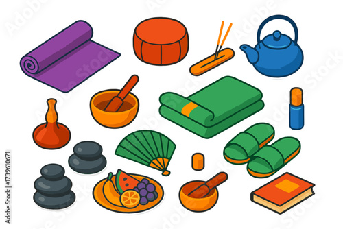 Wellness Retreat Essentials. Isometric vector illustration set Wellness Retreat: yoga mat, meditation cushion, herbal tea pot,