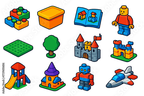 Creative Play Set. Isometric vector illustration set Creative Play: colorful bricks, storage box, instruction booklet, minifigure