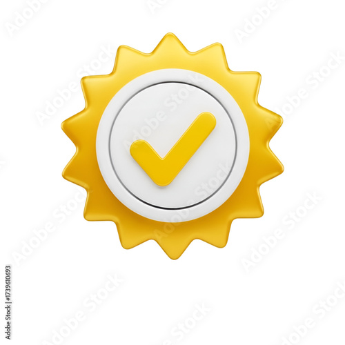 A yellow starburst badge with a white circle and a yellow checkmark isolated on transparent background