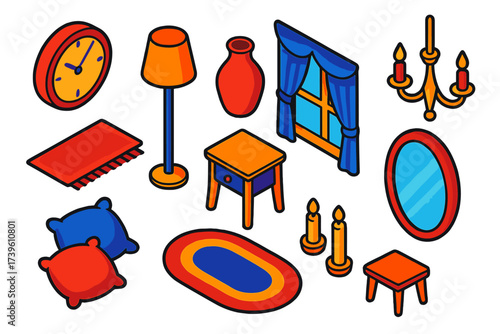 Vibrant Dollhouse Decor. Isometric vector illustration set Dollhouse Decoration: wall clock, floor lamp, carpet, vase, curtain,