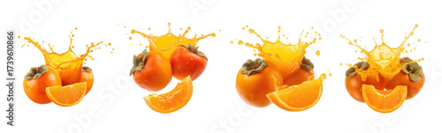Four persimmon fruits with water splash isolated on transparent background fresh kaki fruit with water droplets healthy eating and dieting concept