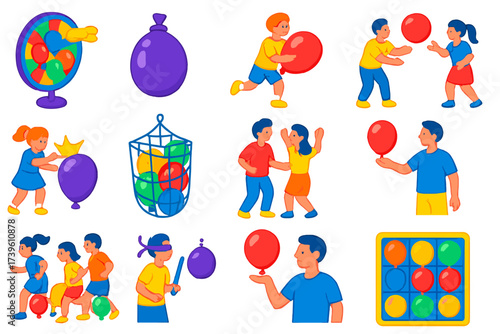 Balloon Game Icons. Isometric vector illustration set Balloon Games: balloon dart board, water balloon, relay balloon, balloon