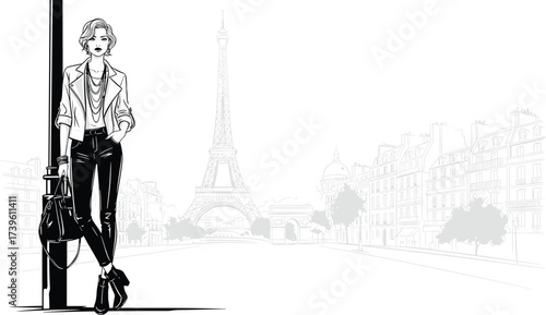 Stylish Paris fashion vector illustration, Eiffel Tower backdrop, chic woman silhouette, urban street style, travel theme, monochrome artwork for stock content