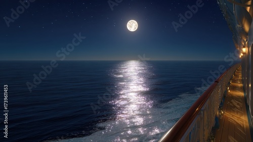 Fototapeta Naklejka Na Ścianę i Meble -  Moonlit ocean view from a cruise ship at night