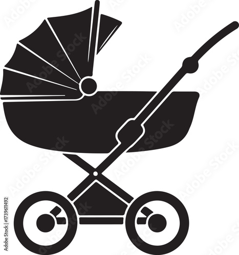 Black baby stroller isolated on white background