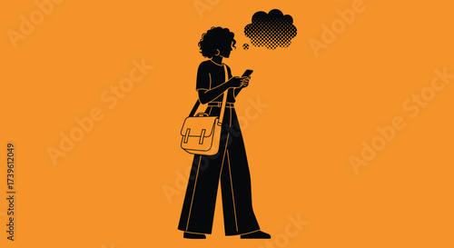 Stylized person silhouette, smartphone user illustration, curly hair character, wide-leg pants, shoulder bag, thought bubble, concern concept, orange background, graphic design
